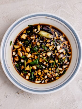 The combined all purpose Chinese marinade. In a bowl there is coconut aminos, Shaoxing wine, honey, minced garlic, cilantro and green onion.