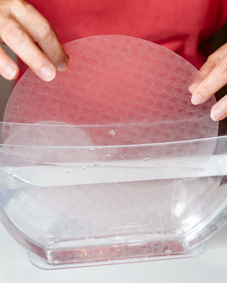Lightly wet rice paper with water until it just begins to soften.