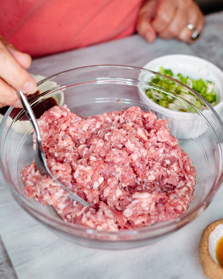 Use a fork for chopsticks to loosen the ground pork (if it comes in package)