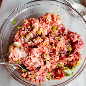 Ground pork combined with ginger, green onions, coconut aminos, Shaoxing wine, sesame oil, and salt before mixing into a juicy dumpling filling.