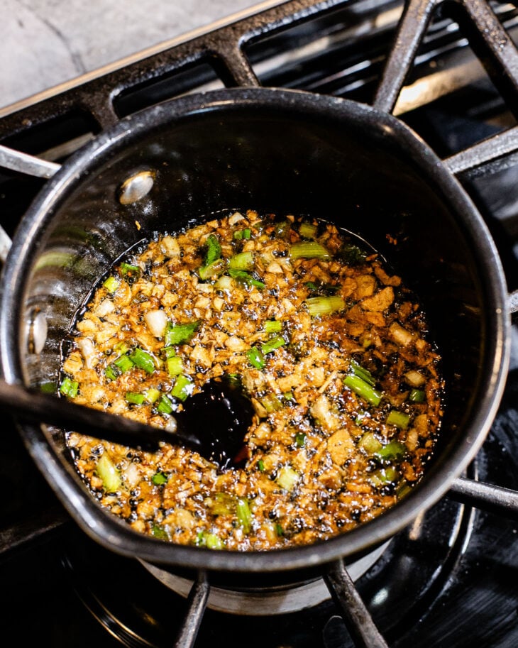 Garlic soy sauce in a small saucepan