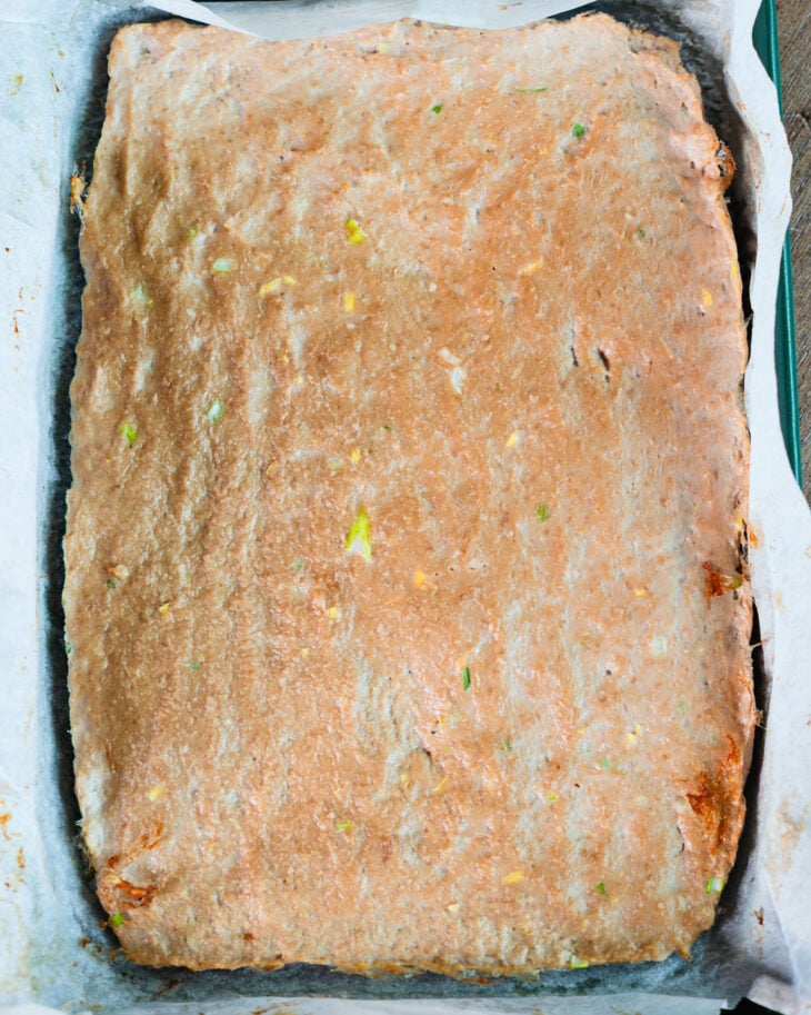Baked dumpling filling on a sheet pan