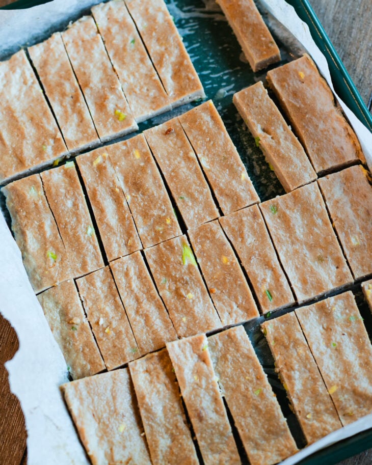 Baked dumpling filling sliced into strips